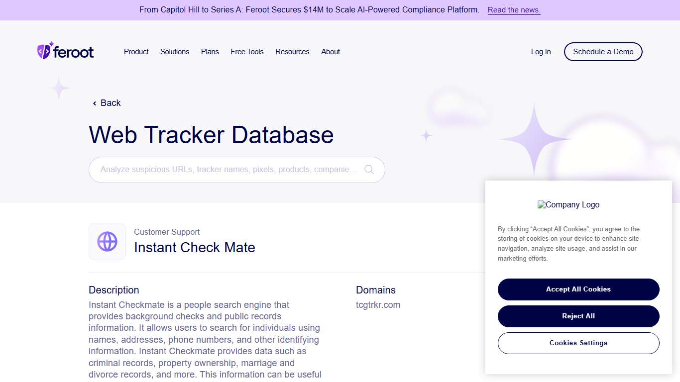 Instant Check Mate Tracker Feroot Web Tracker Database
