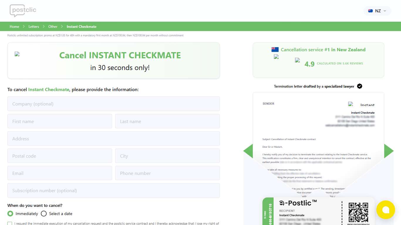Instant Checkmate Cancel Postclic