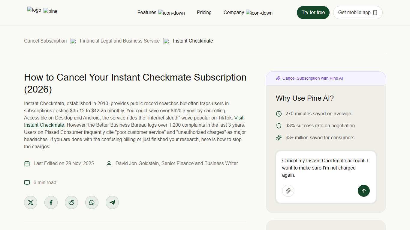 How to Cancel Your Instant Checkmate Subscription (2026) Pine AI